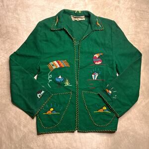 Vintage 40s Azteca Embroidered Mexican Art Jacket Wool Green Needlework Western
